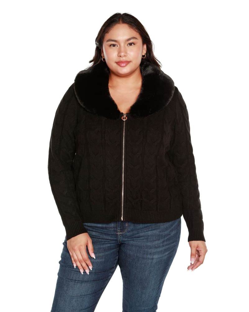 Front of a model wearing a size 3X Plus Size Faux Fur Collared Cable Cardigan in Black by Belldini Black Label. | dia_product_style_image_id:319188